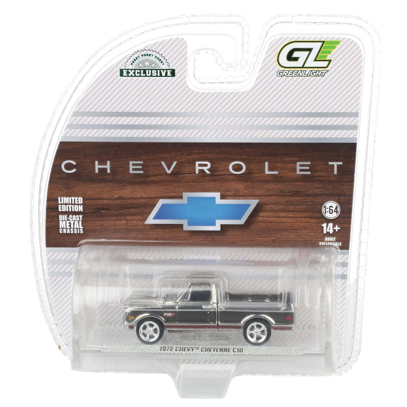 Silver Chrome Super Chase Unit ~ 1/64 1972 Chevy C10 Cheyenne Short Bed Pickup Truck, White, Hobby Exclusive by Greenlight