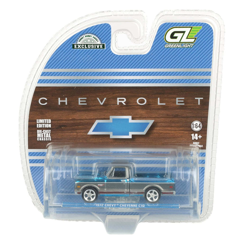 Blue Chrome Super Chase Unit ~ 1/64 1972 Chevy C10 Cheyenne Short Bed Pickup Truck, Blue/Gray, Hobby Exclusive by Greenlight