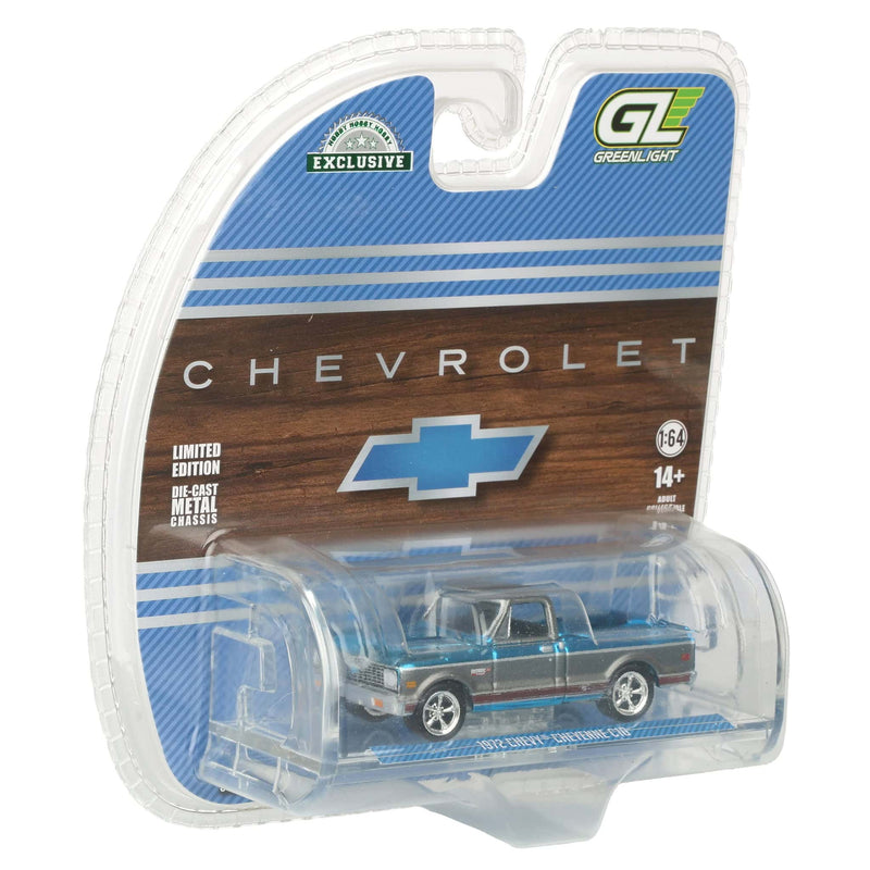Blue Chrome Super Chase Unit ~ 1/64 1972 Chevy C10 Cheyenne Short Bed Pickup Truck, Blue/Gray, Hobby Exclusive by Greenlight