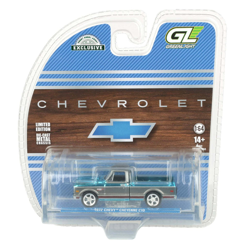 Teal Blue Variation Chrome Chase Unit ~ 1/64 1972 Chevy C10 Cheyenne Short Bed Pickup Truck, Blue/Gray, Hobby Exclusive by Greenlight