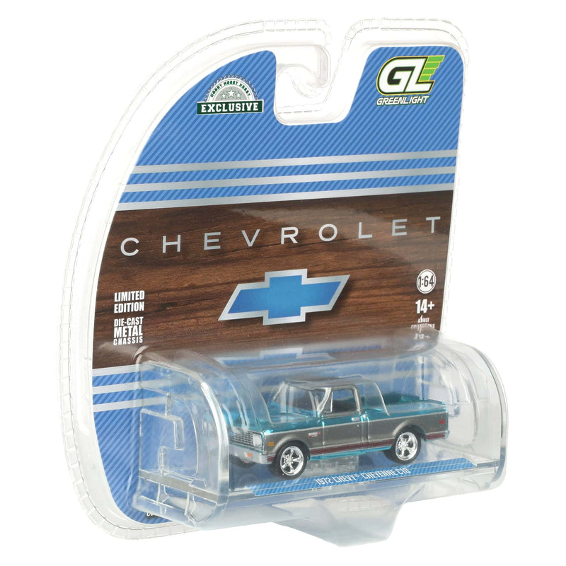Teal Blue Variation Chrome Chase Unit ~ 1/64 1972 Chevy C10 Cheyenne Short Bed Pickup Truck, Blue/Gray, Hobby Exclusive by Greenlight