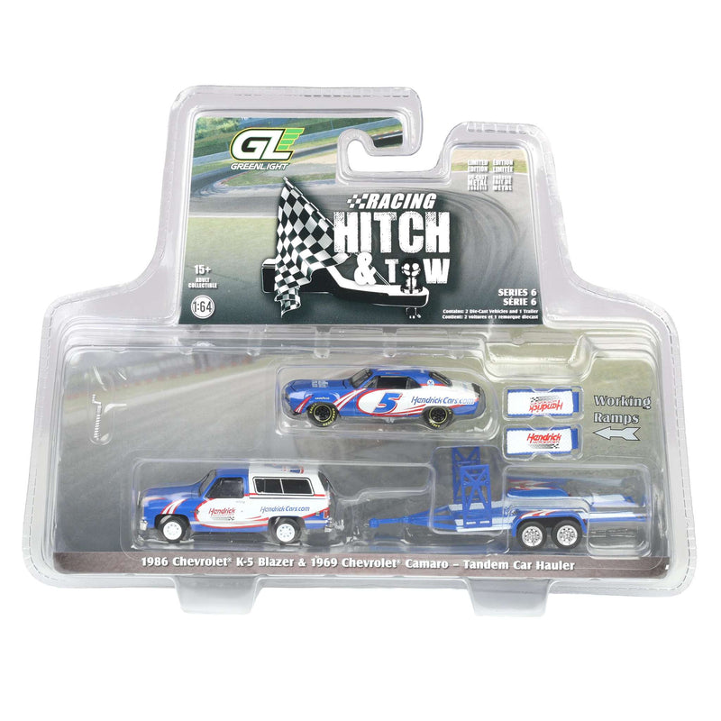 1/64 1986 Chevrolet K5 Blazer Silverado with Tandem Car Trailer & Kyle Larson #5 Hendrick Motorsports 1969 Chevrolet Camaro First Win Tribute