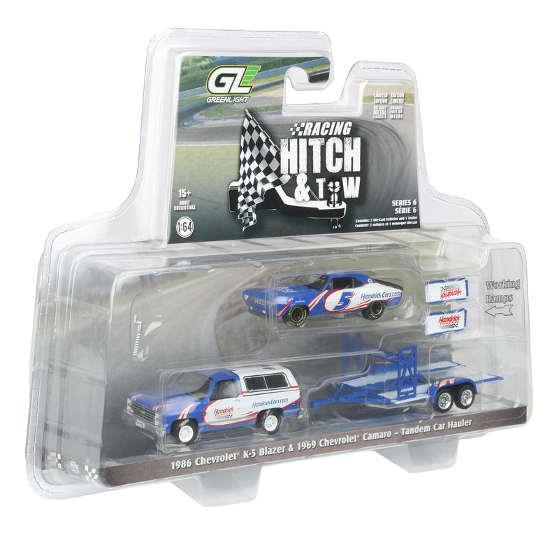 1/64 1986 Chevrolet K5 Blazer Silverado with Tandem Car Trailer & Kyle Larson #5 Hendrick Motorsports 1969 Chevrolet Camaro First Win Tribute
