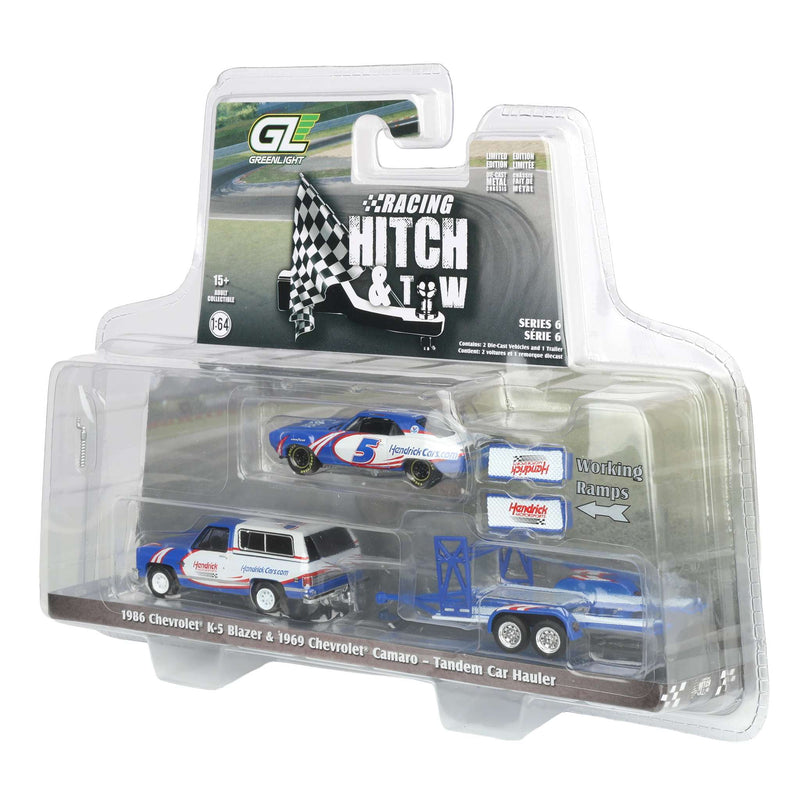 1/64 1986 Chevrolet K5 Blazer Silverado with Tandem Car Trailer & Kyle Larson #5 Hendrick Motorsports 1969 Chevrolet Camaro First Win Tribute