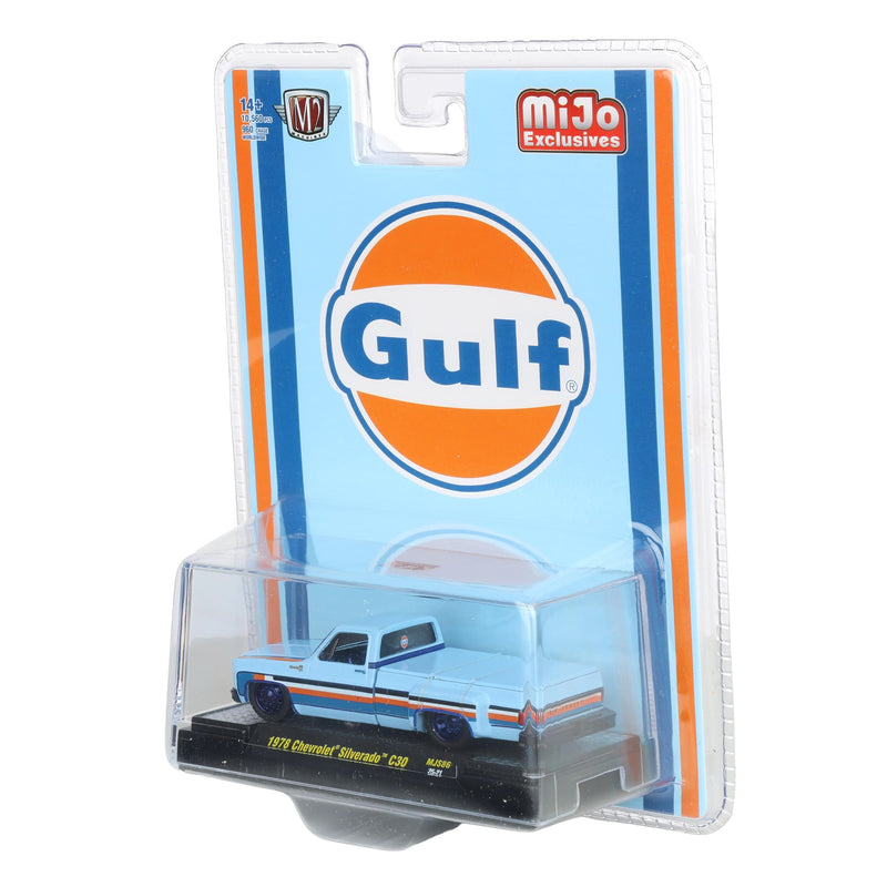 Blue Chrome Chase Unit ~ 1/64 1978 Chevrolet Silverado C30, Blue, Orange & White Stripes Gulf Deco, Mijo