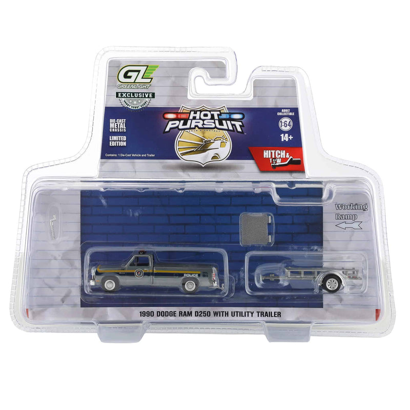 Raw Chase ~ 1/64 1990 Dodge Ram D-250 with Utility Trailer, Philadelphia, PA Police Department, Hot Pursuit Hitch & Tow Series 1
