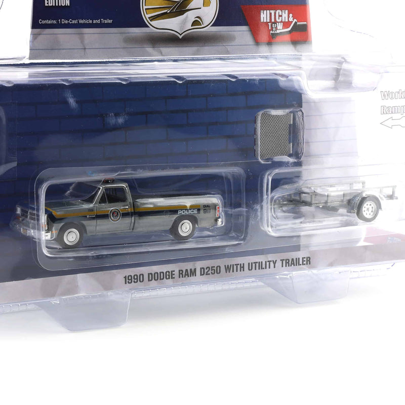 Raw Chase ~ 1/64 1990 Dodge Ram D-250 with Utility Trailer, Philadelphia, PA Police Department, Hot Pursuit Hitch & Tow Series 1