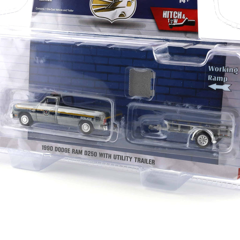 Raw Chase ~ 1/64 1990 Dodge Ram D-250 with Utility Trailer, Philadelphia, PA Police Department, Hot Pursuit Hitch & Tow Series 1
