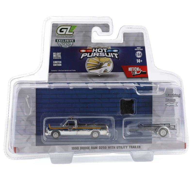 Silver Chrome Chase ~ 1/64 1990 Dodge Ram D-250 with Utility Trailer, Philadelphia, PA Police Department, Hot Pursuit Hitch & Tow Series 1