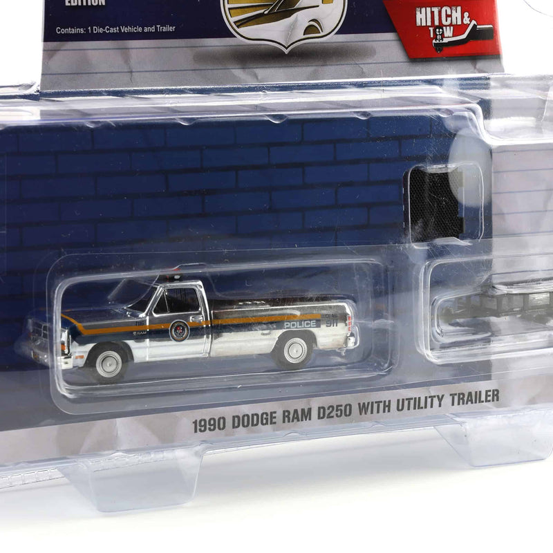 Silver Chrome Chase ~ 1/64 1990 Dodge Ram D-250 with Utility Trailer, Philadelphia, PA Police Department, Hot Pursuit Hitch & Tow Series 1