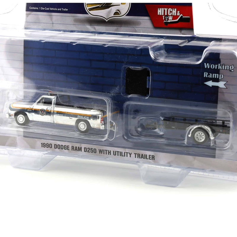 Silver Chrome Chase ~ 1/64 1990 Dodge Ram D-250 with Utility Trailer, Philadelphia, PA Police Department, Hot Pursuit Hitch & Tow Series 1