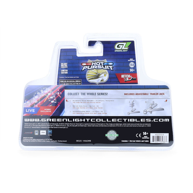 1/64 1990 Dodge Ram D-250 with Utility Trailer, Philadelphia, PA Police Department, Hot Pursuit Hitch & Tow Series 1