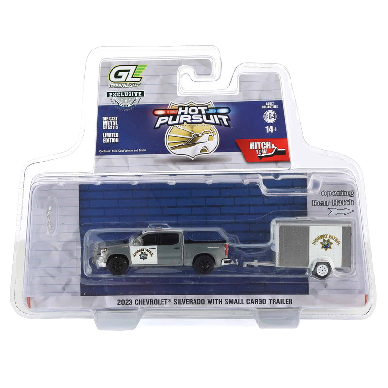 Raw Chase ~ 1/64 2023 Chevrolet Silverado with Small Cargo Trailer, California Highway Patrol, Hot Pursuit Hitch & Tow Series 1