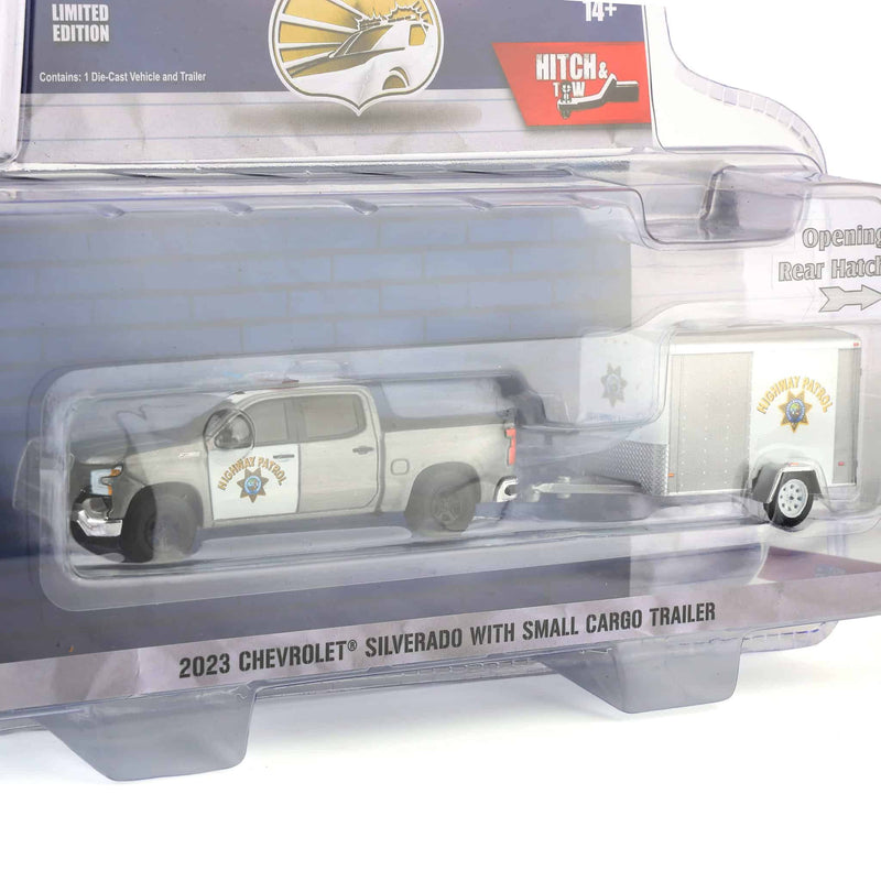Raw Chase ~ 1/64 2023 Chevrolet Silverado with Small Cargo Trailer, California Highway Patrol, Hot Pursuit Hitch & Tow Series 1