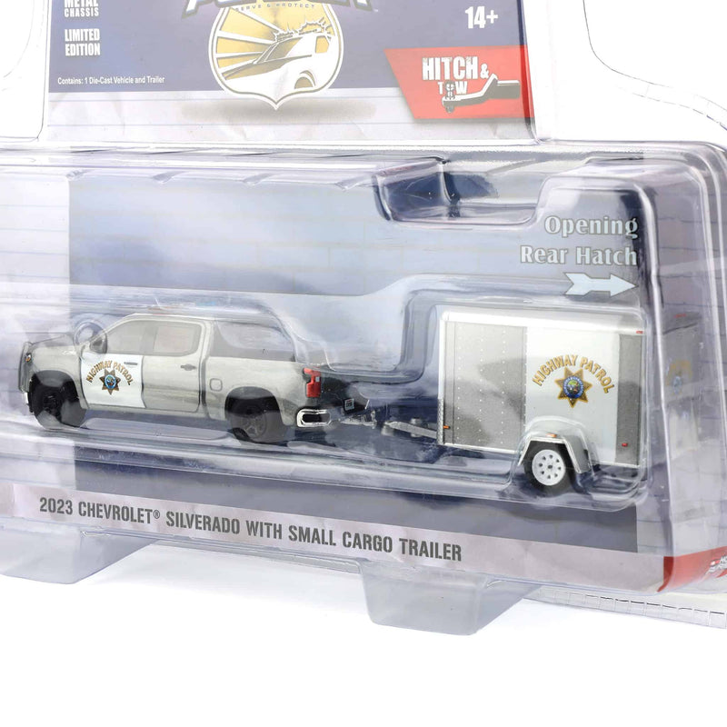Raw Chase ~ 1/64 2023 Chevrolet Silverado with Small Cargo Trailer, California Highway Patrol, Hot Pursuit Hitch & Tow Series 1