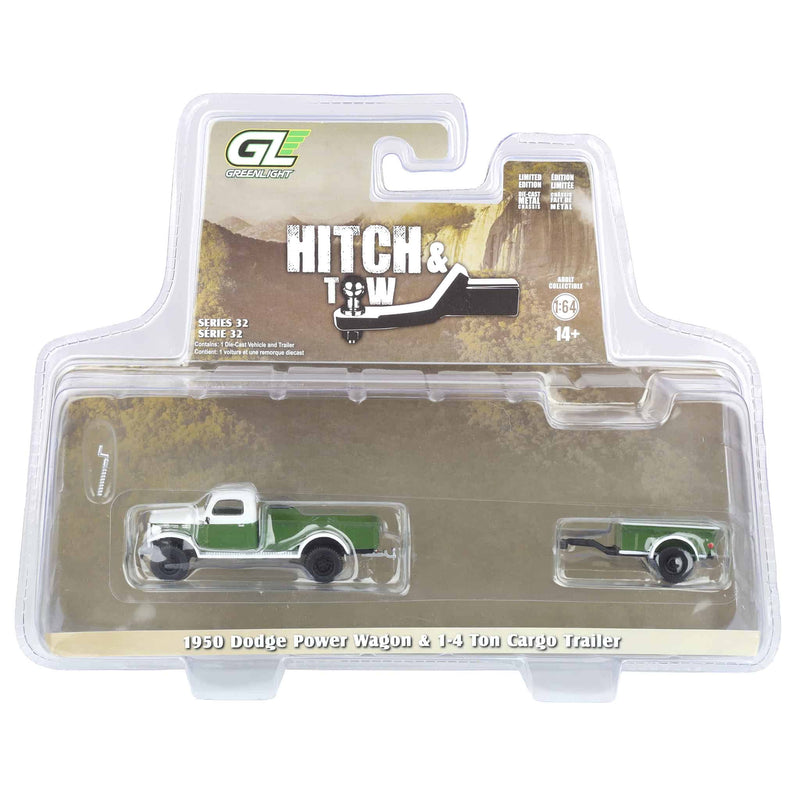 1/64 1950 Dodge Power Wagon with 1/4 Ton Cargo Trailer, Green & White, Hitch & Tow Series 32