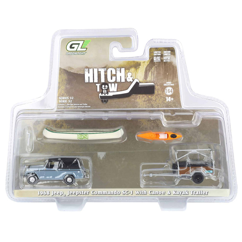 1/64 1968 Jeep Jeepster Commando SC-1 with Canoe Trailer, Gray, Hitch & Tow Series 32