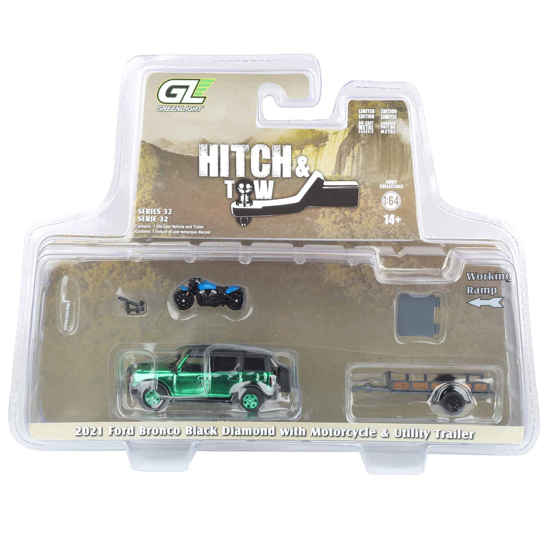 Green Chrome Chase Unit ~ 1/64 2021 Ford Bronco Black Diamond with Utility Trailer & Motorcycle, Hitch & Tow Series 32