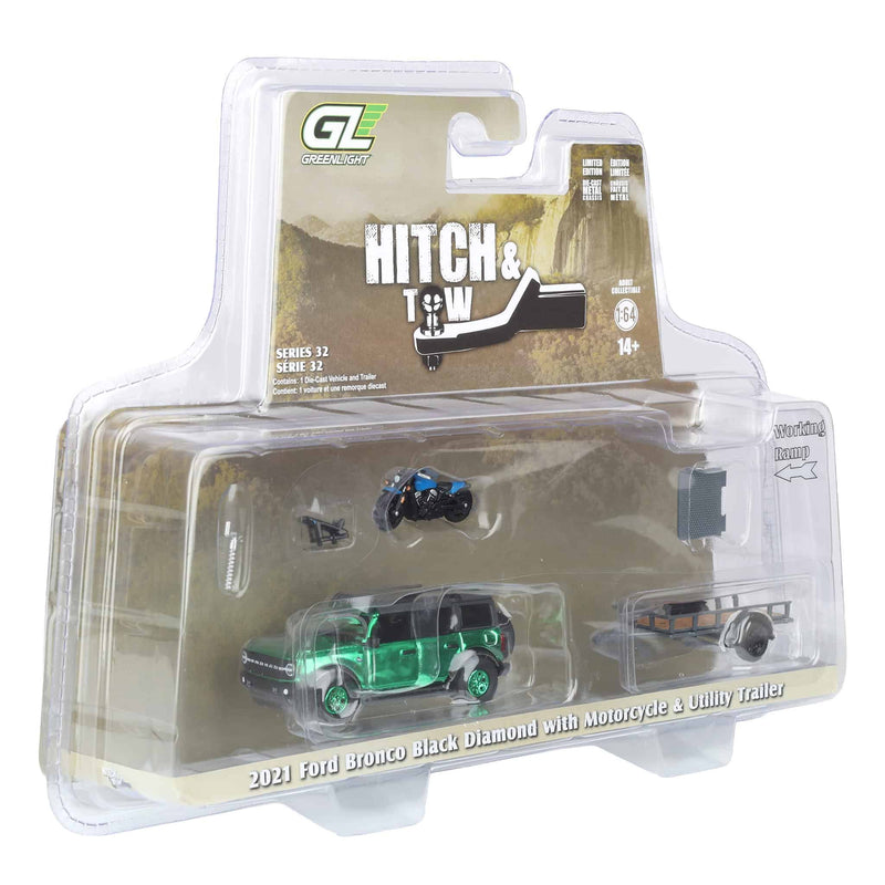 Green Chrome Chase Unit ~ 1/64 2021 Ford Bronco Black Diamond with Utility Trailer & Motorcycle, Hitch & Tow Series 32