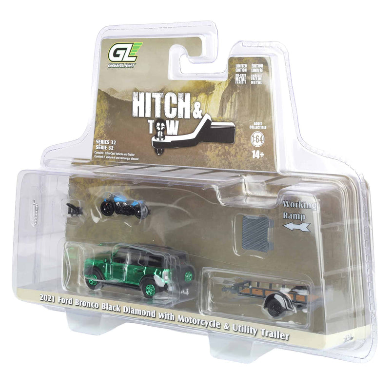 Green Chrome Chase Unit ~ 1/64 2021 Ford Bronco Black Diamond with Utility Trailer & Motorcycle, Hitch & Tow Series 32