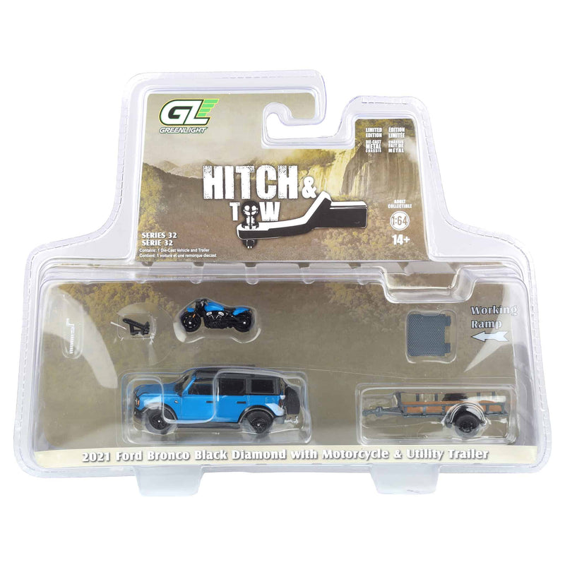 1/64 2021 Ford Bronco Black Diamond with Utility Trailer & Motorcycle, Velocity Blue, Hitch & Tow Series 32