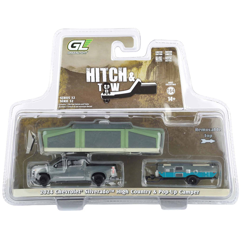 Raw Chase Unit ~ 1/64 2024 Chevrolet Silverado High Country with Pop-Up Camper, Sterling Gray, Hitch & Tow Series 32