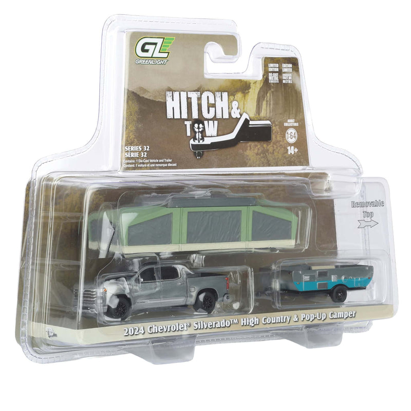 Raw Chase Unit ~ 1/64 2024 Chevrolet Silverado High Country with Pop-Up Camper, Sterling Gray, Hitch & Tow Series 32