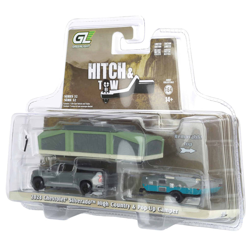 Raw Chase Unit ~ 1/64 2024 Chevrolet Silverado High Country with Pop-Up Camper, Sterling Gray, Hitch & Tow Series 32
