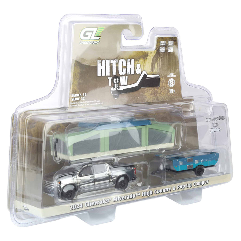 Silver Chrome Chase Unit ~ 1/64 2024 Chevrolet Silverado High Country with Pop-Up Camper, Sterling Gray, Hitch & Tow Series 32
