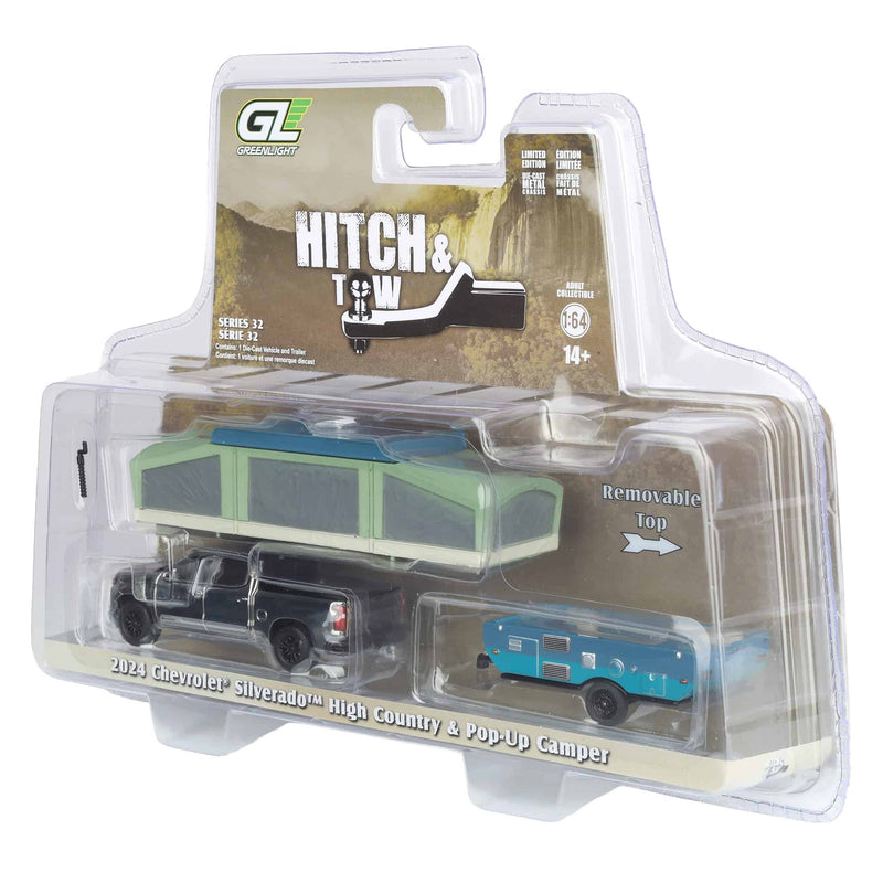 Silver Chrome Chase Unit ~ 1/64 2024 Chevrolet Silverado High Country with Pop-Up Camper, Sterling Gray, Hitch & Tow Series 32