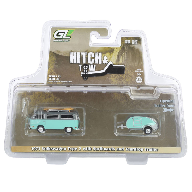 Raw Chase Unit ~ 1/64 1971 Volkswagen Type 2 with Surfboards & Teardrop Trailer, Hitch & Tow Series 33