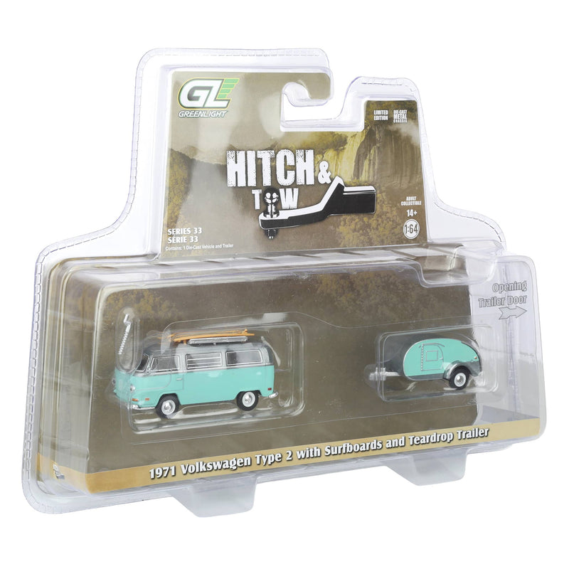 Raw Chase Unit ~ 1/64 1971 Volkswagen Type 2 with Surfboards & Teardrop Trailer, Hitch & Tow Series 33