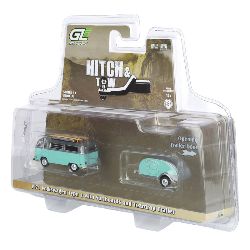 Raw Chase Unit ~ 1/64 1971 Volkswagen Type 2 with Surfboards & Teardrop Trailer, Hitch & Tow Series 33