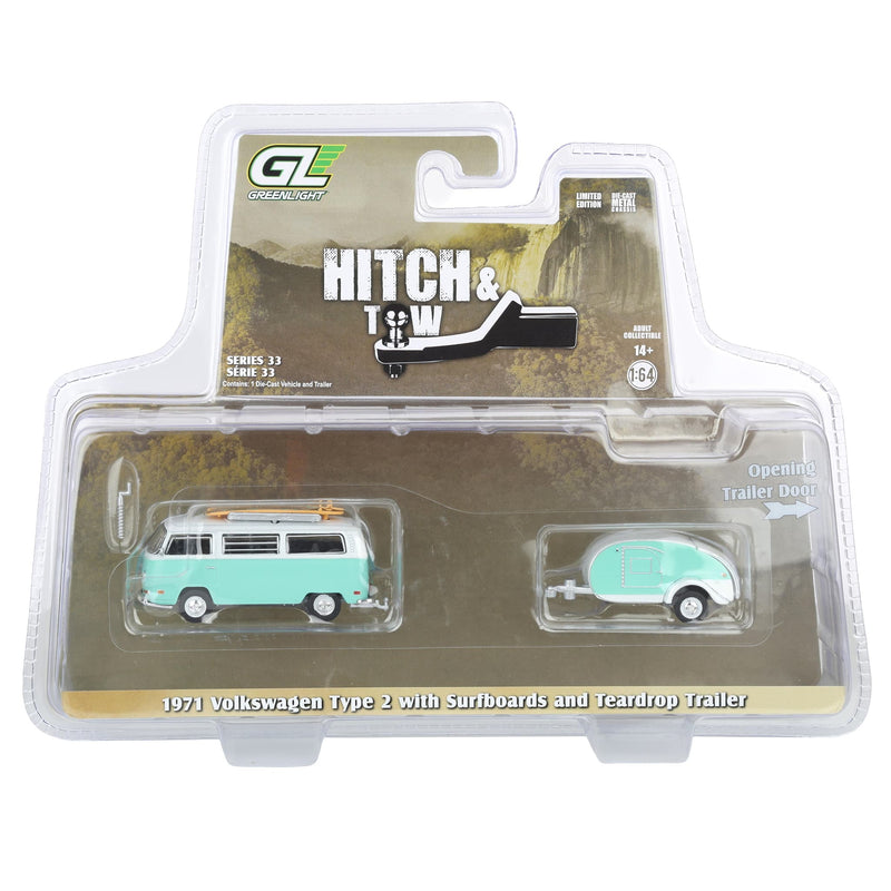 1/64 1971 Volkswagen Type 2 with Surfboards & Teardrop Trailer, Hitch & Tow Series 33