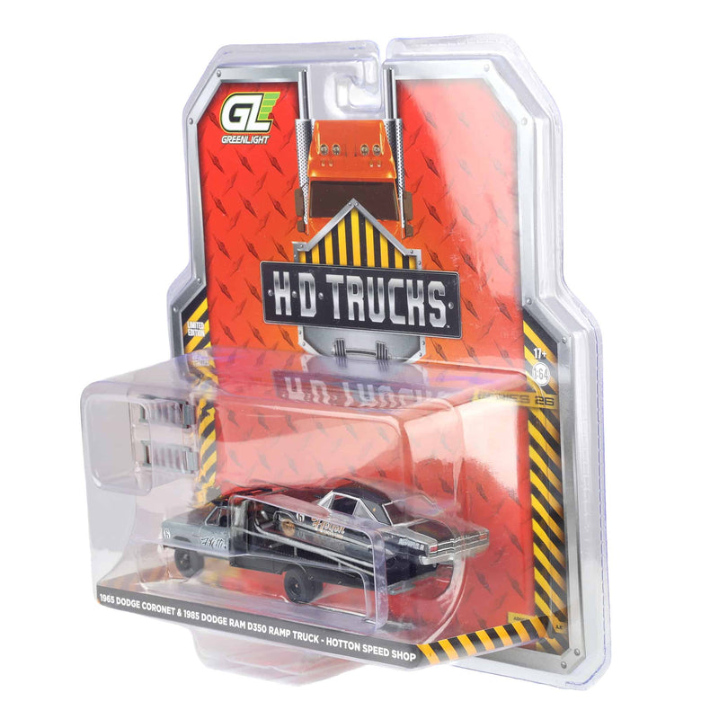 Raw Chase Unit ~ 1/64 1985 Dodge Ram D350 Ramp Truck with 1965 Dodge Coronet, Ramchargers, H.D. Trucks Series 26