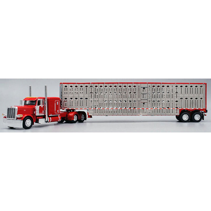 1/64 Red Peterbilt 389 63" Flattop Sleeper w/ Wilson Tandem Axle Livestock Trailer
