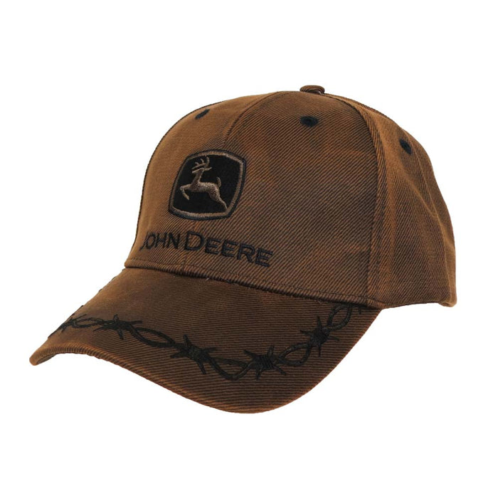 John Deere Brown Leather Look Cap with Barbed Wire Bordered Bill