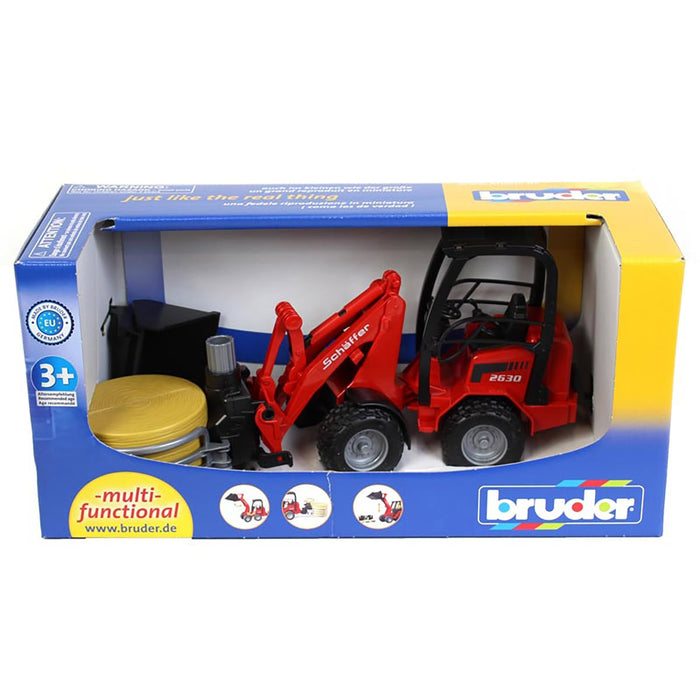 1/16 Bruder Schaffer 2630 Compact Loader with Bale Gripper, Bucket & Bale