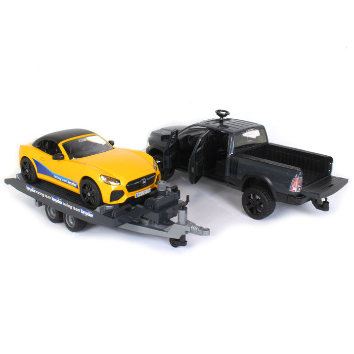 1/16 RAM 2500 Pickup with Yellow Racing Team  Roadster by Bruder