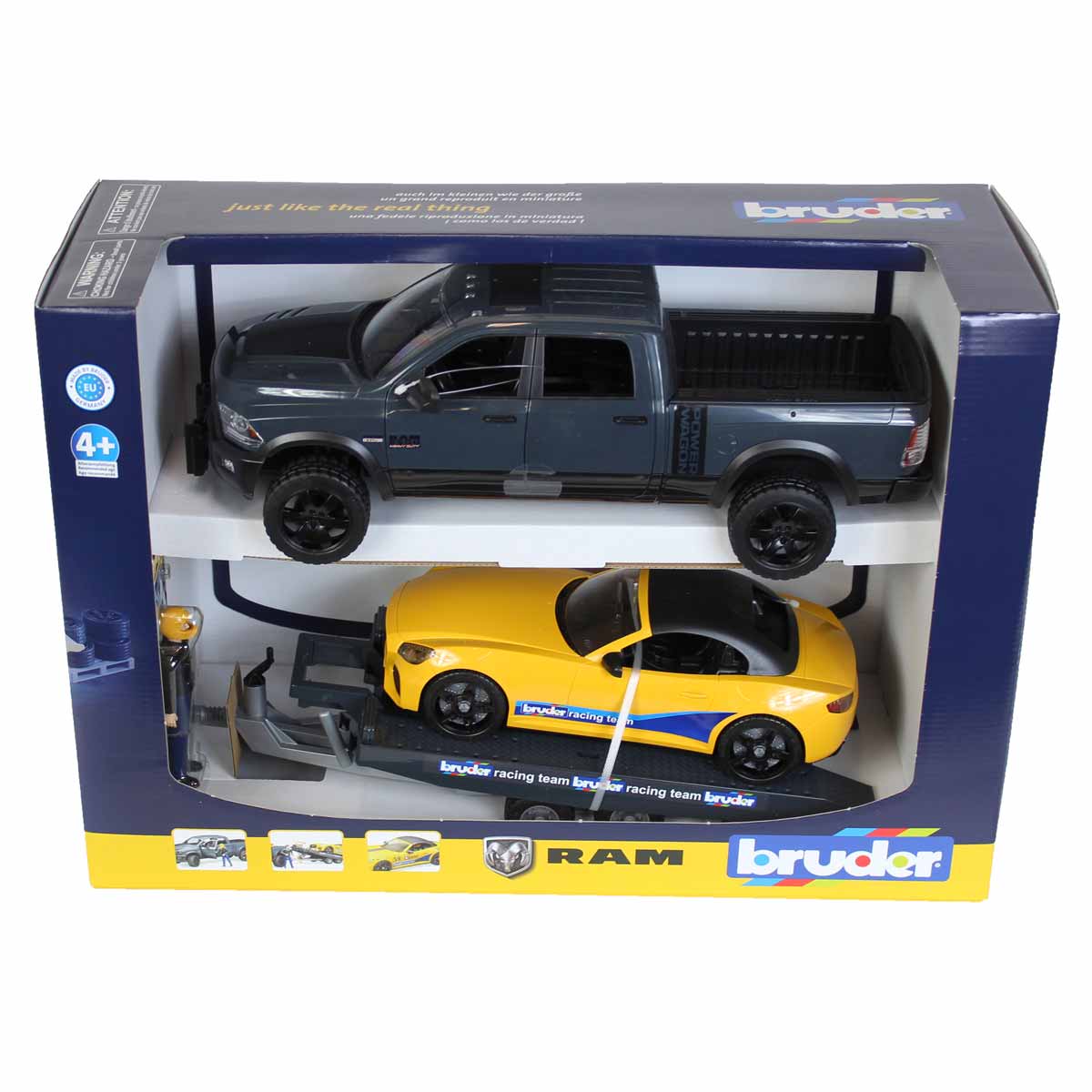 1/16 RAM 2500 Pickup with Yellow Racing Team Roadster by Bruder