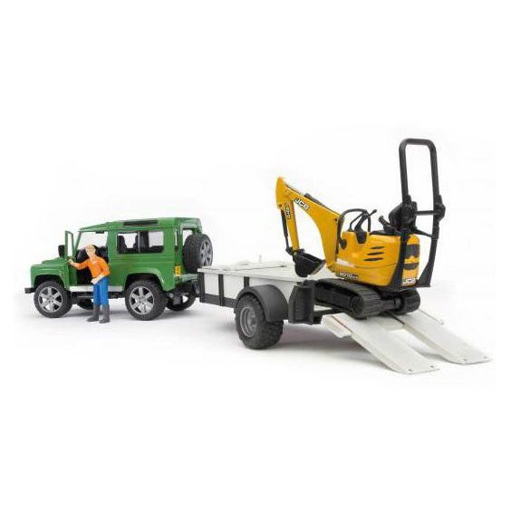 1/16 Land Rover Defender with Trailer, JCB Mini Excavator & Worker by Bruder