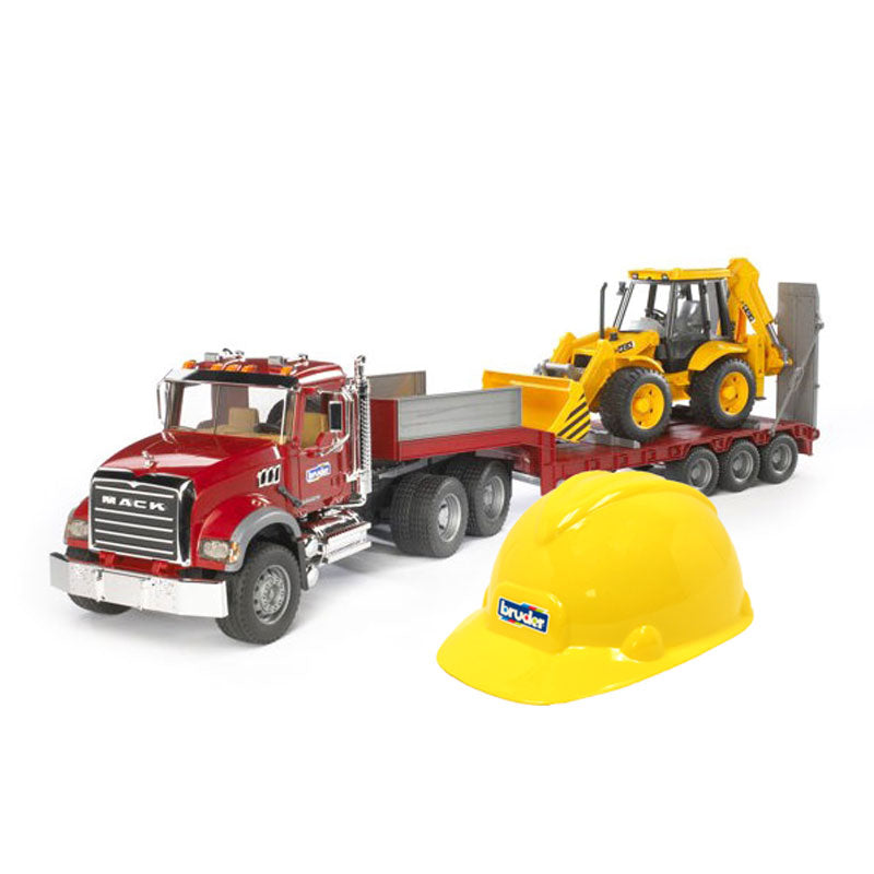 Bruder Mack Semi Granite Low Loader with JCB Backhoe & Hard Hat Kit