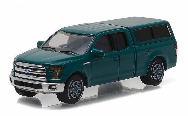 1/64 2015 Ford F-150 Pickup Truck with Camper Shell, Green Gem, GreenLight Collectibles Country Roads Series 15