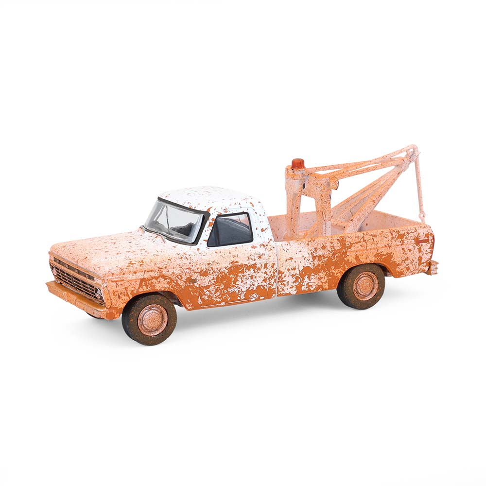 1/64 1973 Ford F-100 with Drop-In Tow Hook, Weathered White, Blue