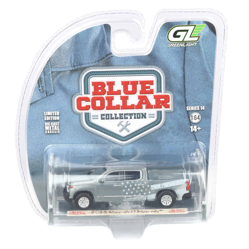 Raw Chase Unit ~ 1/64 2023 Chevrolet Silverado, Stars & Stripes, Blue Collar Collection Series 14