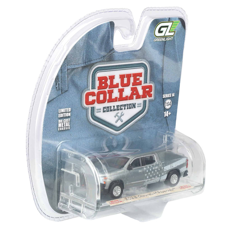 Raw Chase Unit ~ 1/64 2023 Chevrolet Silverado, Stars & Stripes, Blue Collar Collection Series 14