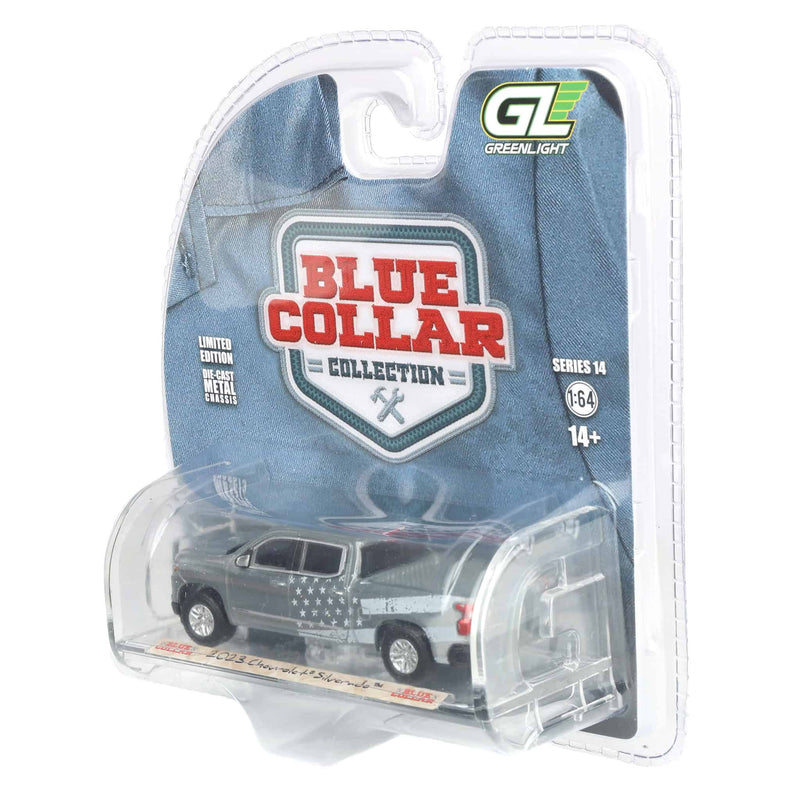 Raw Chase Unit ~ 1/64 2023 Chevrolet Silverado, Stars & Stripes, Blue Collar Collection Series 14