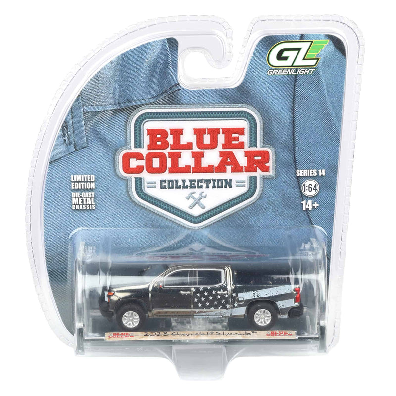Charcoal Chrome Chase Unit ~ 1/64 2023 Chevrolet Silverado, Stars & Stripes, Blue Collar Collection Series 14