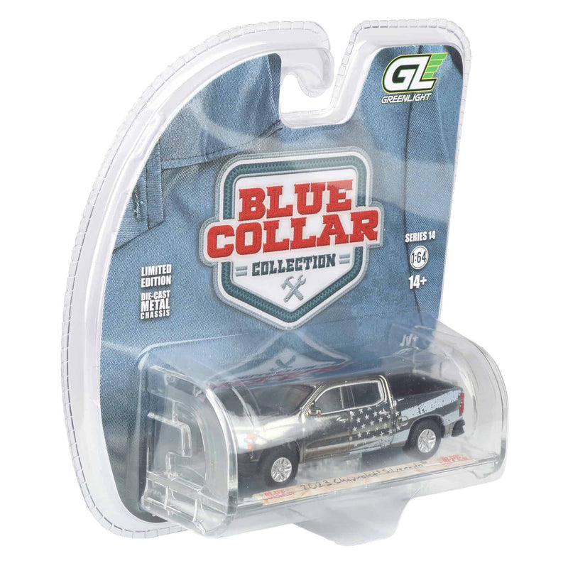 Charcoal Chrome Chase Unit ~ 1/64 2023 Chevrolet Silverado, Stars & Stripes, Blue Collar Collection Series 14