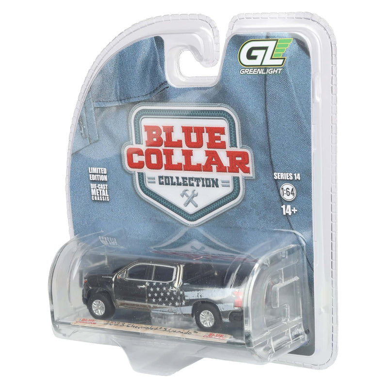 Charcoal Chrome Chase Unit ~ 1/64 2023 Chevrolet Silverado, Stars & Stripes, Blue Collar Collection Series 14